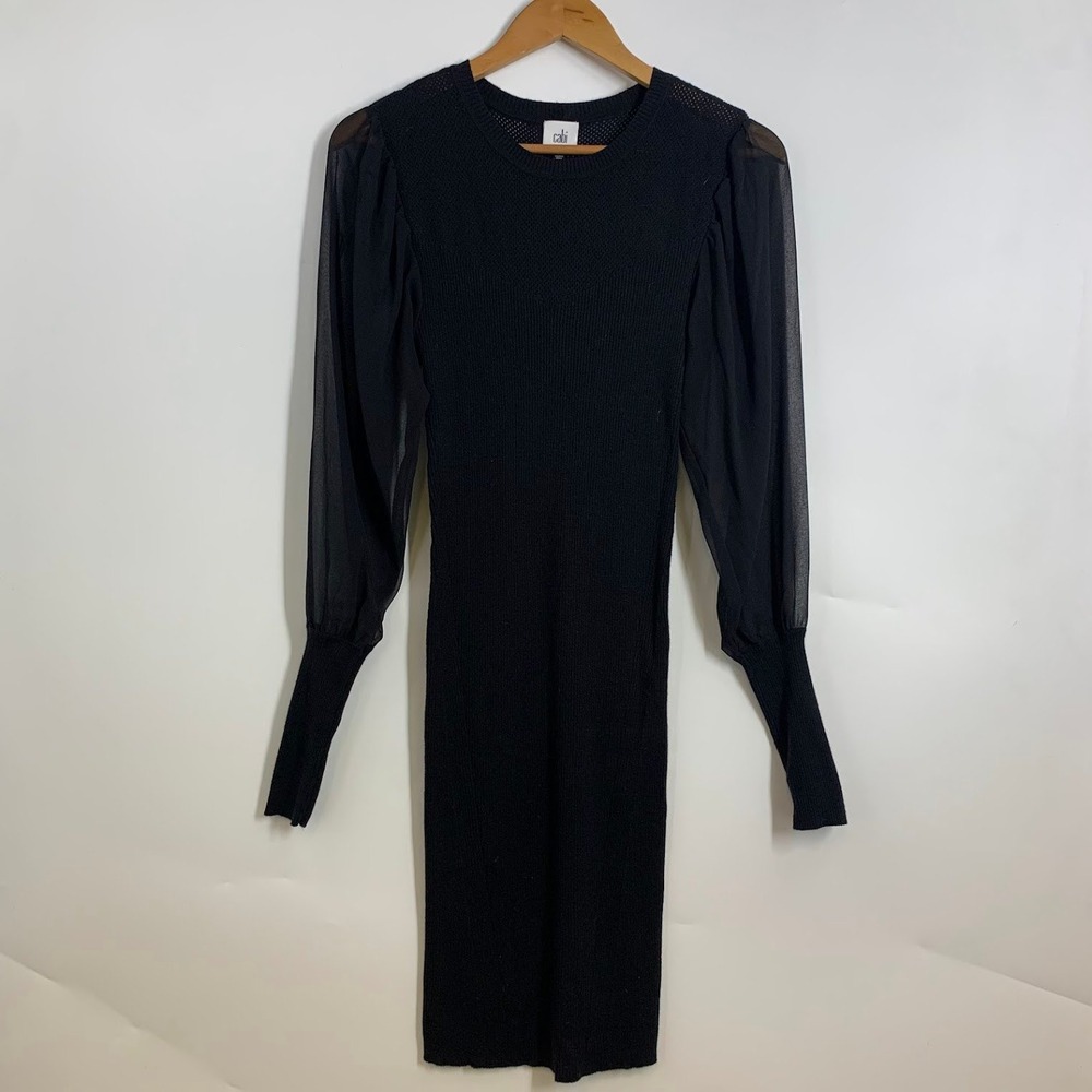 Cabi Duet Dress 4455 Black Ribbed Sheer Sleeve Sweater Dress‎ Size S